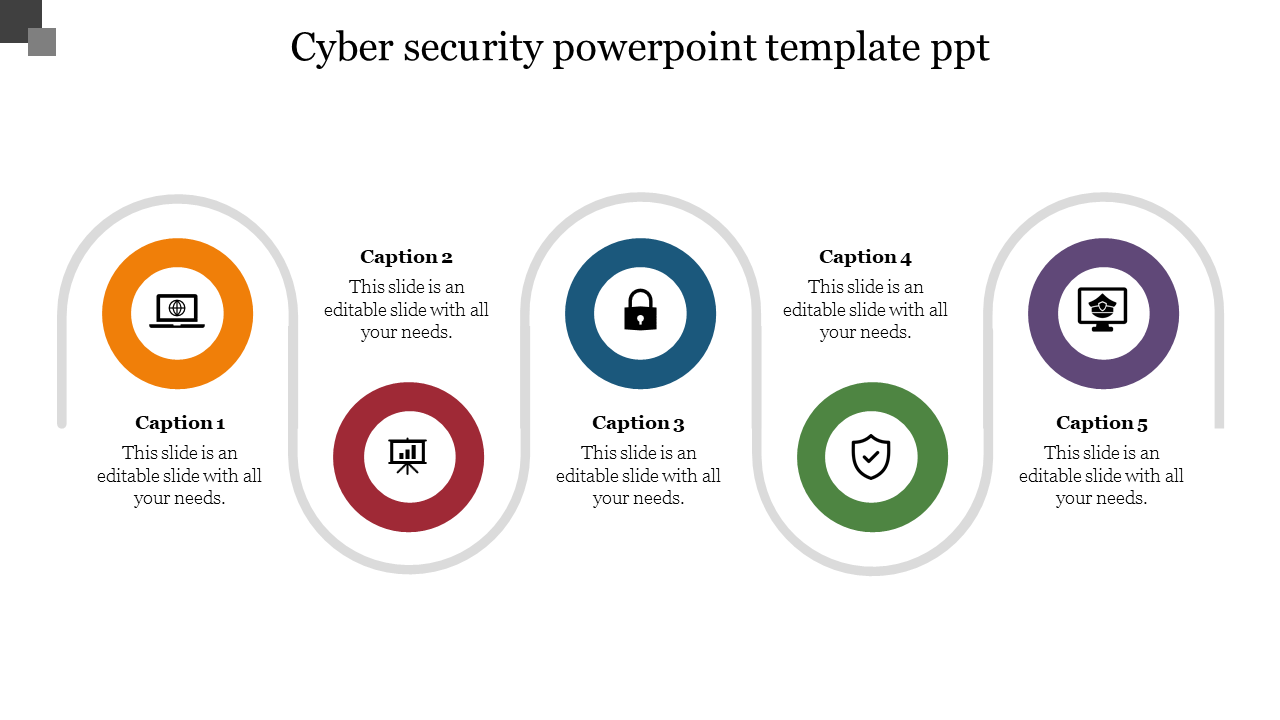 Cyber security slide with five circular icons in orange, red, blue, green, and purple, aligned on a curved gray line.