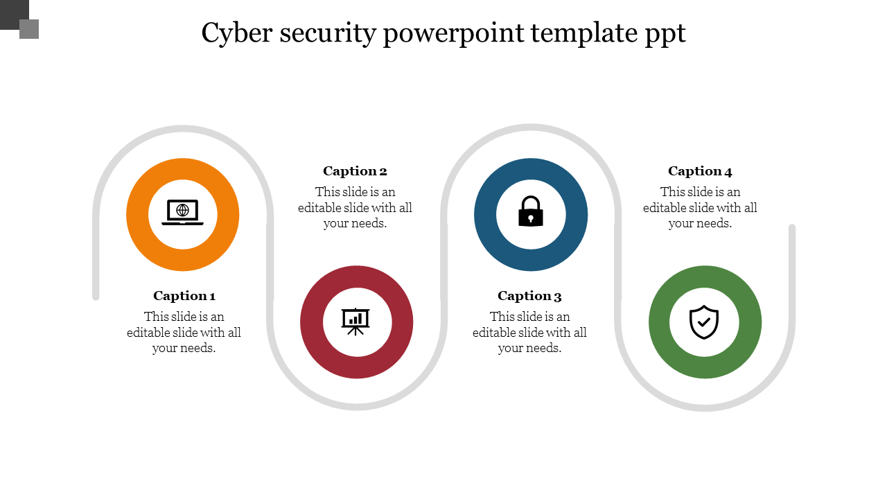 Slide featuring four color-coded circular icons aligned each representing cybersecurity topics with caption areas.