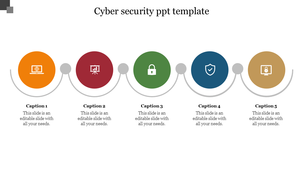 A cyber security PowerPoint slide showing colorful icons from laptop to lock with captions.