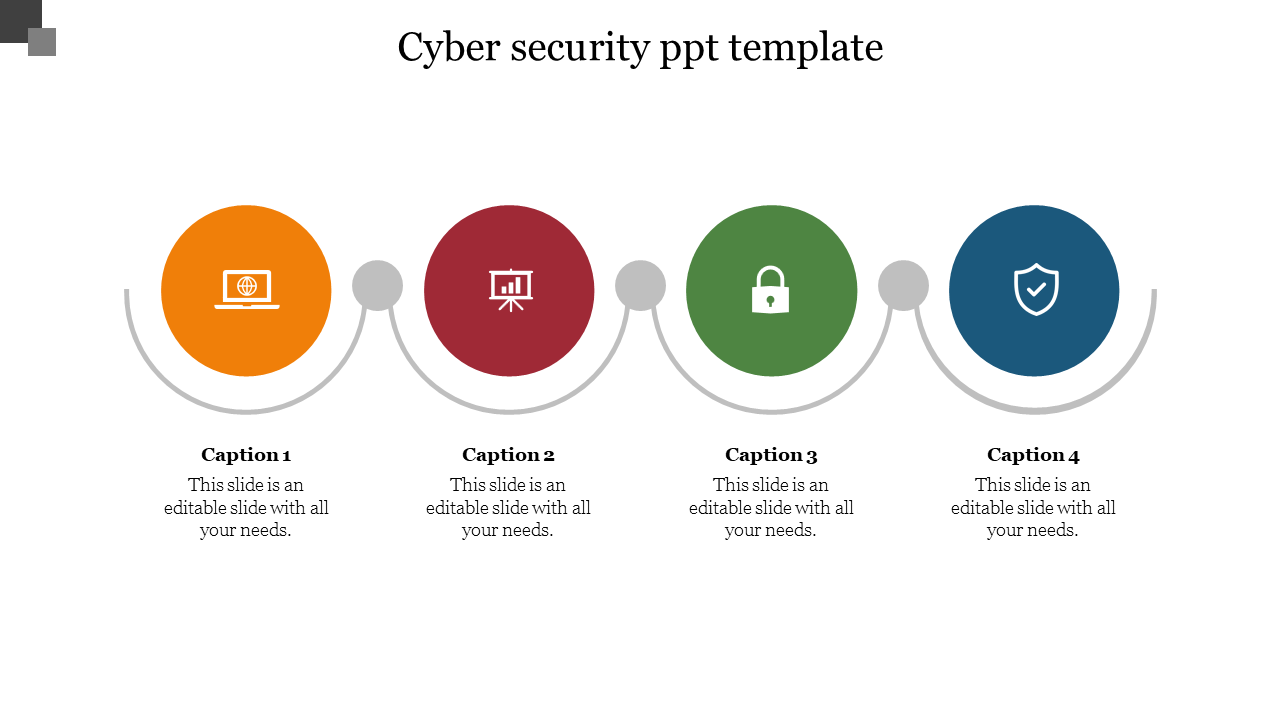 Four colorful circular icons in orange, red, green, and blue, connected by curved lines with captions beneath.