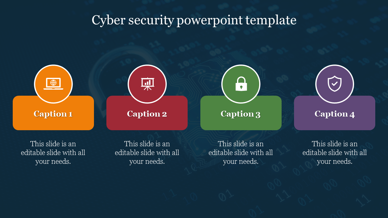 Cybersecurity PowerPoint slide with four colorful sections, each featuring an icon and caption on a dark background.