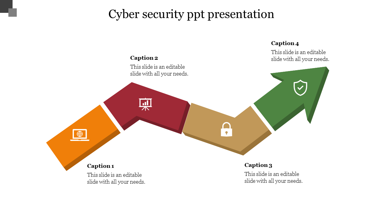 Colorful directional arrow with four sections in orange, red, brown, and green with icons, representing cybersecurity topics.