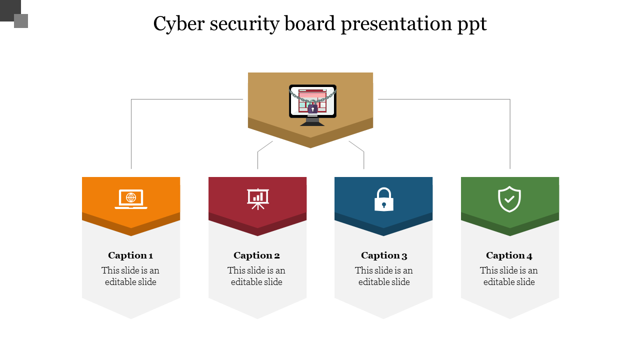 Central brown icon linked to four colored sections below, representing cybersecurity topics in orange, red, blue, and green.