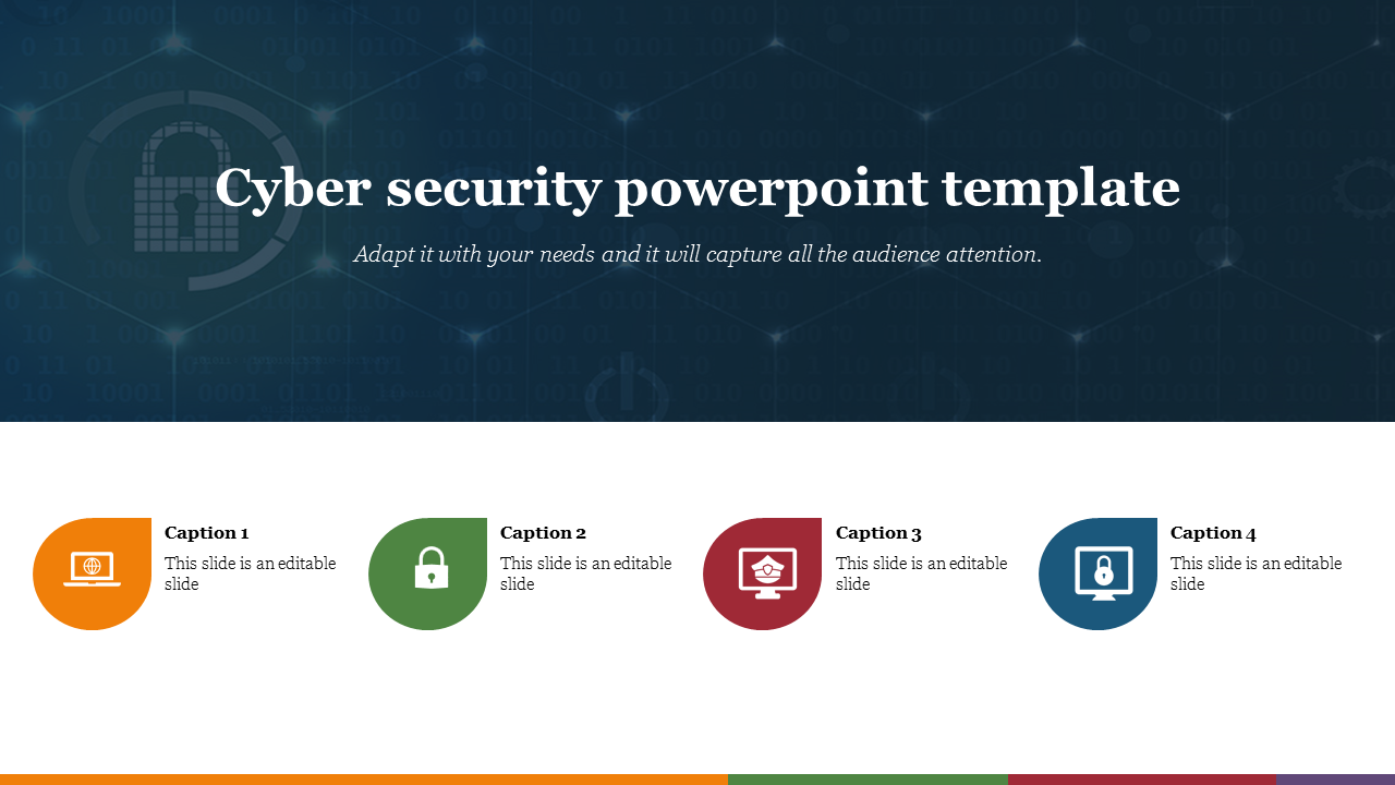 Cybersecurity-themed slide featuring a digital lock icon, and four colorful sections below with icons and caption areas.