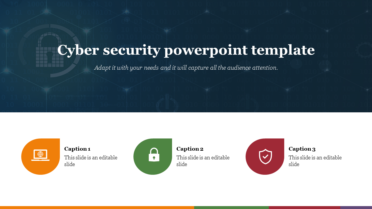 Cyber security slide featuring a dark blue background with digital binary patterns and a prominent padlock graphic.