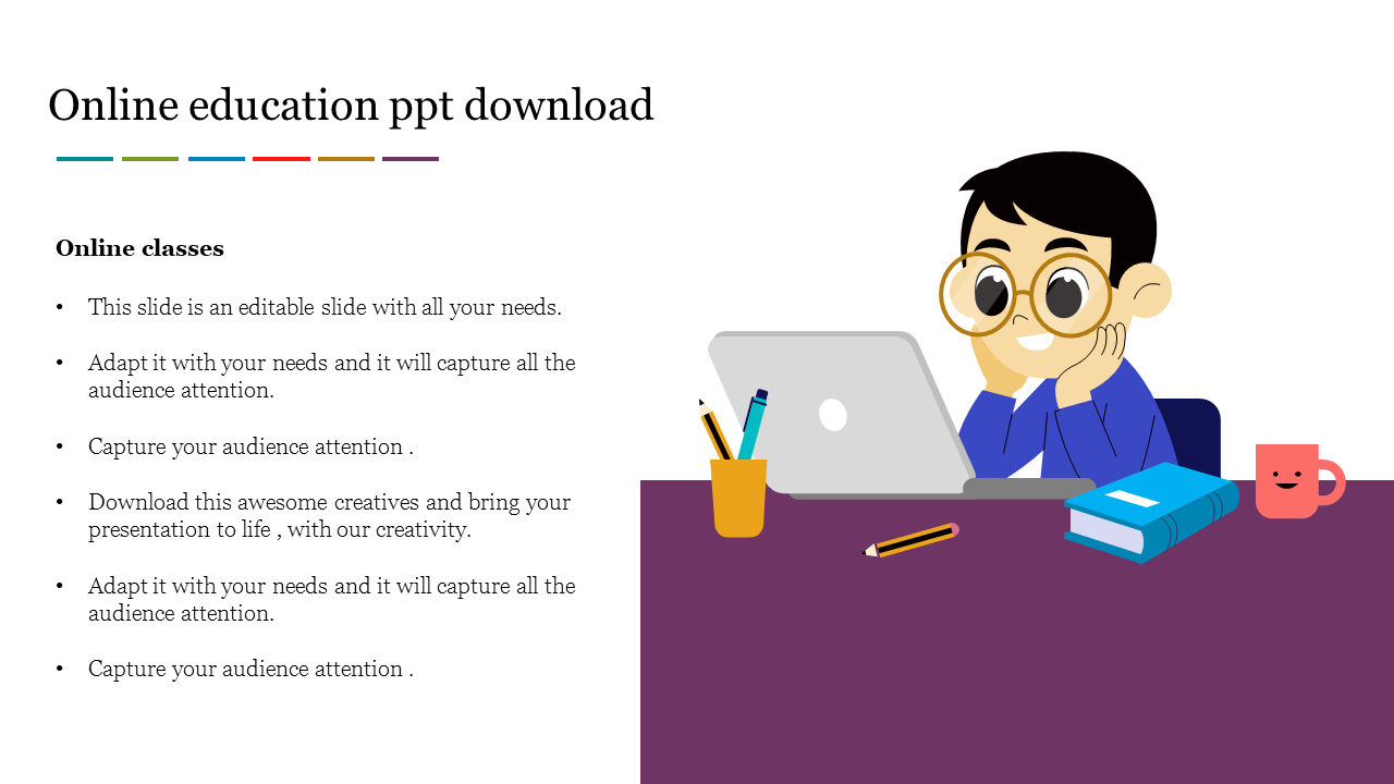 Illustrated online education slide with a student at a laptop with a colorful book, pen, coffee cup, and descriptive text.