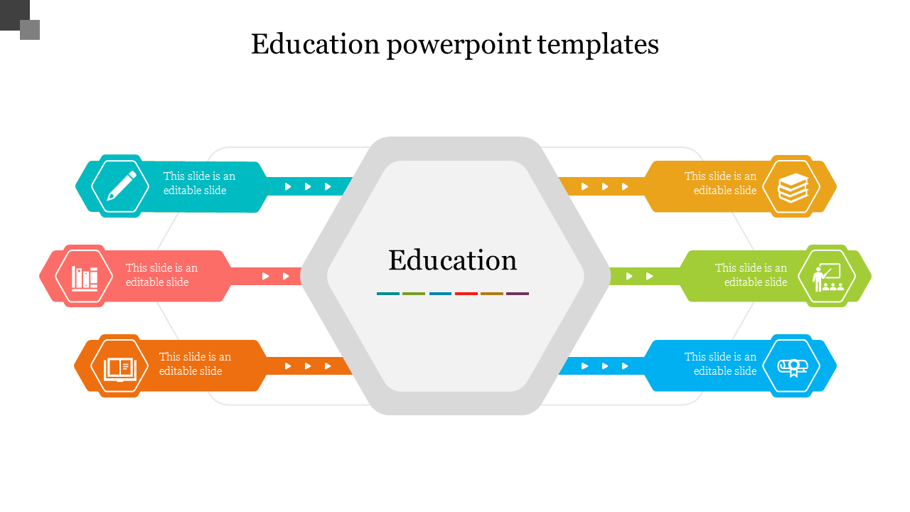 Hexagonal education template with colorful arrows pointing to icons in teal, red, orange, yellow, green, and blue.