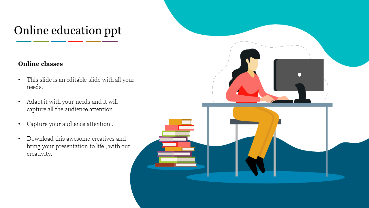 Illustration of a woman attending an online class, seated at a desk with a computer and a stack of books and text area.