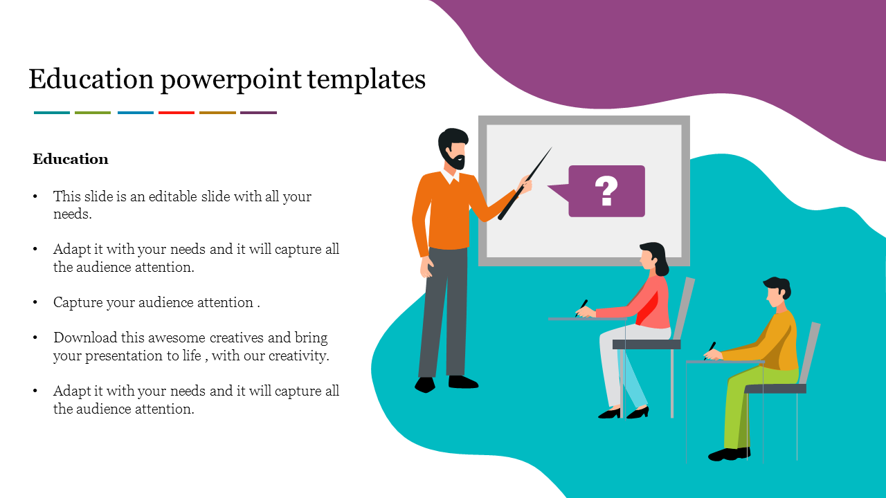 Classroom scene illustration with a teacher pointing a question mark, and two students seated, on a wavy colorful background.