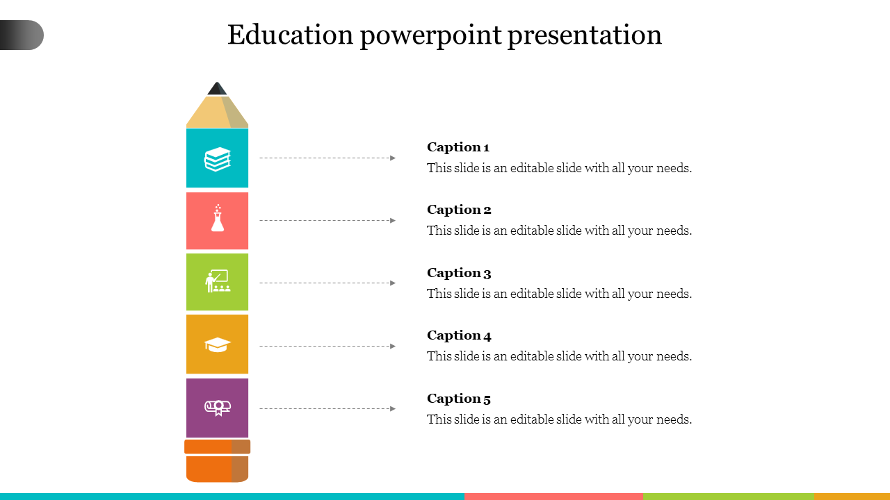 Vertical pencil shaped infographic with five colorful sections in teal, red, green, yellow, and purple, each with an icon.