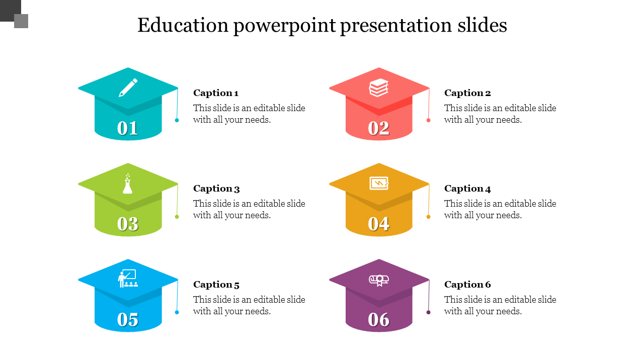 Colorful education themed slide featuring six graduation caps with icons representing various topics and placeholder text.