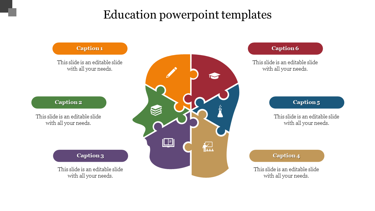 Education PowerPoint template with a colorful brain puzzle design featuring icons with captions and placeholder text.