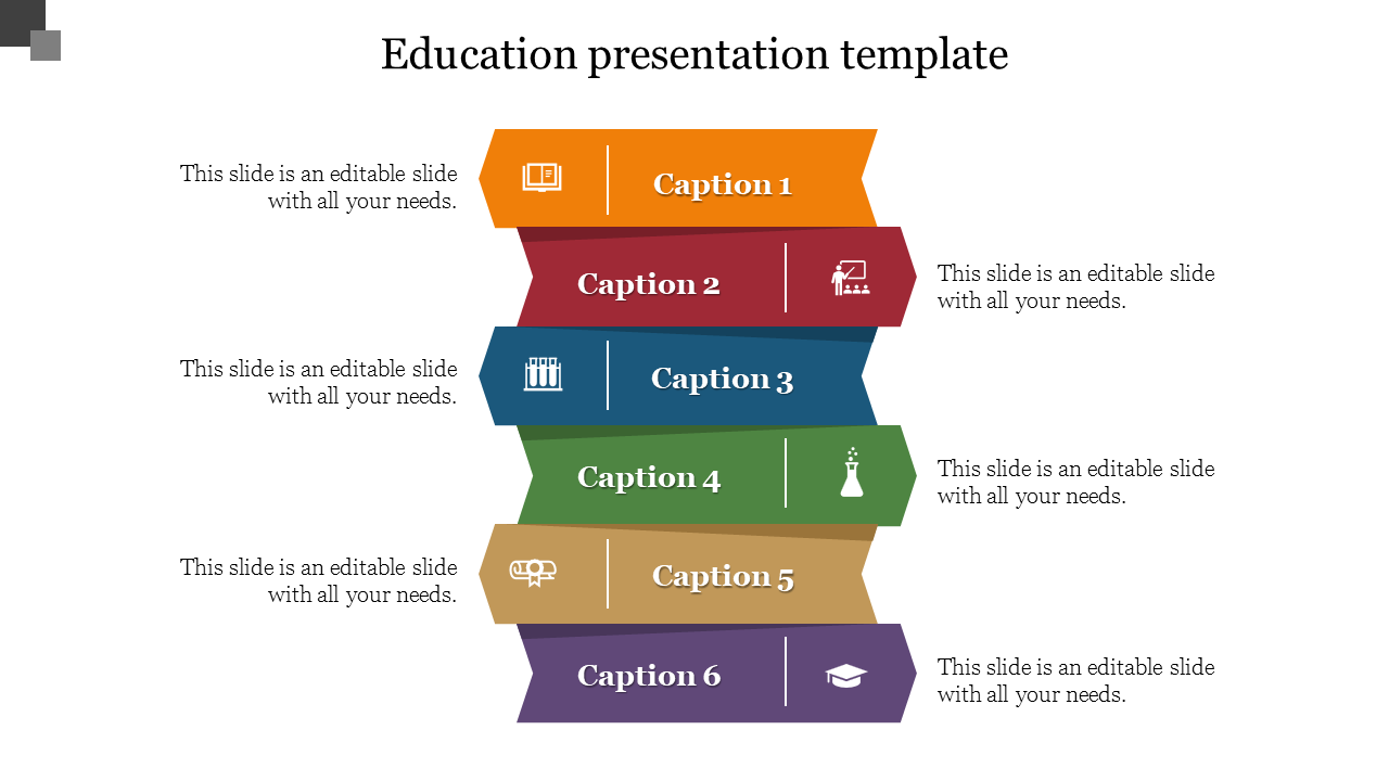 Set of six stacked sections in orange, red, blue, green, gold, and purple, each containing an icon and caption.