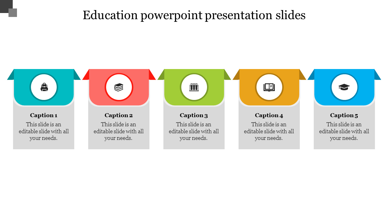 Education PowerPoint slide with five sections, each containing an icon and caption on a white backdrop.