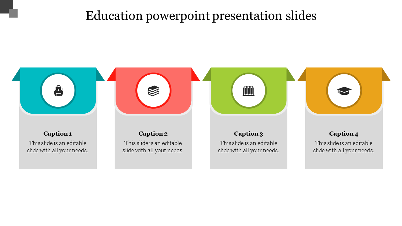 Four-step educational slide design with distinct colors and icons representing various academic themes and caption areas.