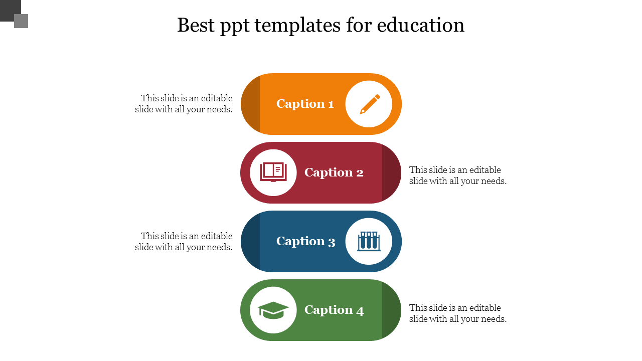 Educational PPT slide featuring four colored sections with icons and captions with placeholder text on a white backdrop.