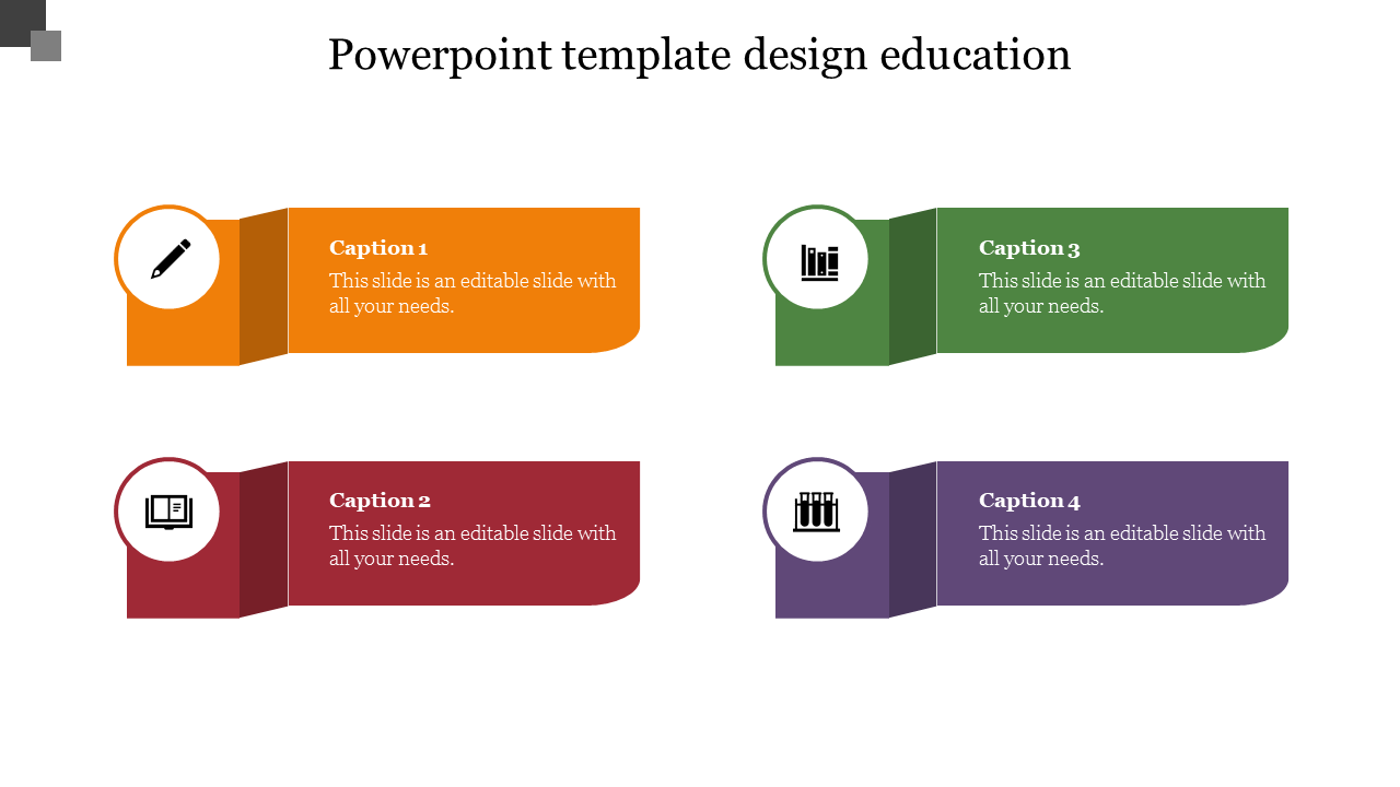 Slide design with orange, red, green, and purple blocks representing education-related categories.