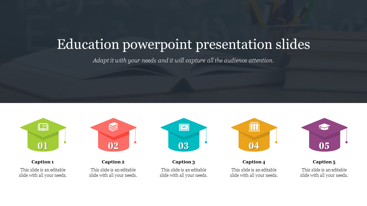 Education PowerPoint presentation slide with five captions, each featuring icons in a different color.