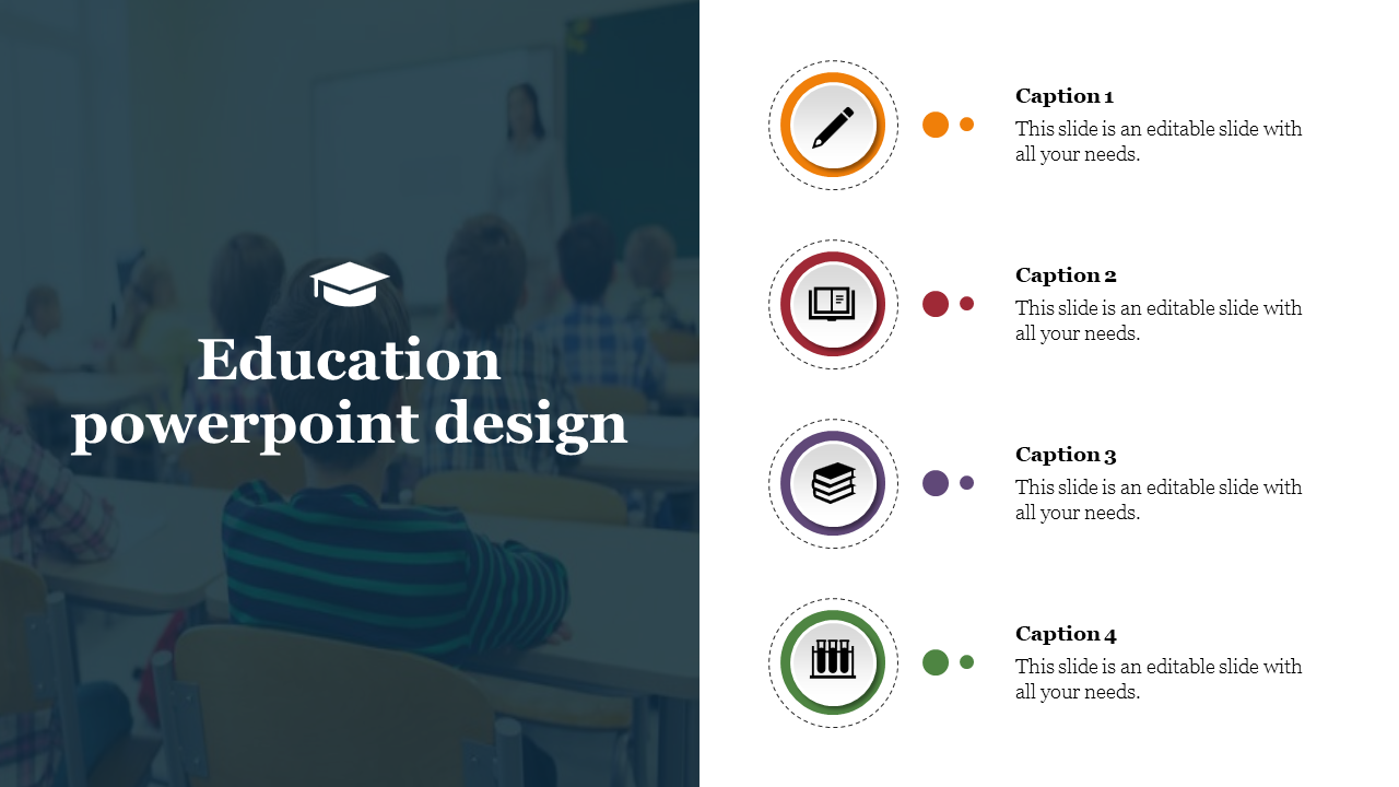 Blurred classroom setting with a teacher at the blackboard and four icons in orange, red, purple, and green, on the right.