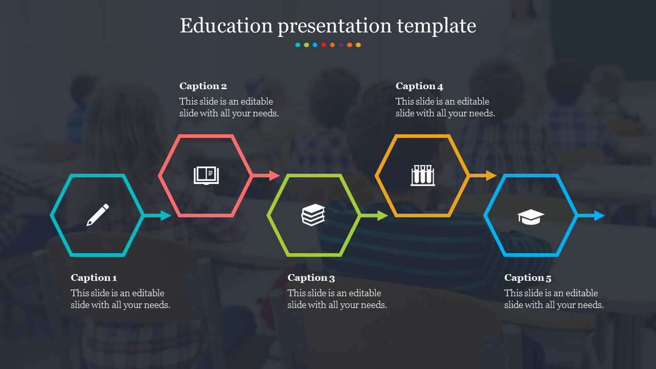 Education PPT template featuring hexagonal colorful icons with captions and placeholder text.