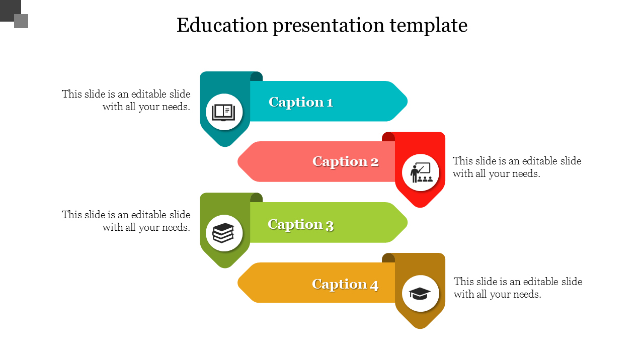 Education slide with four pointed, colorful arrows in teal, red, green, and yellow, each containing an icon and caption.