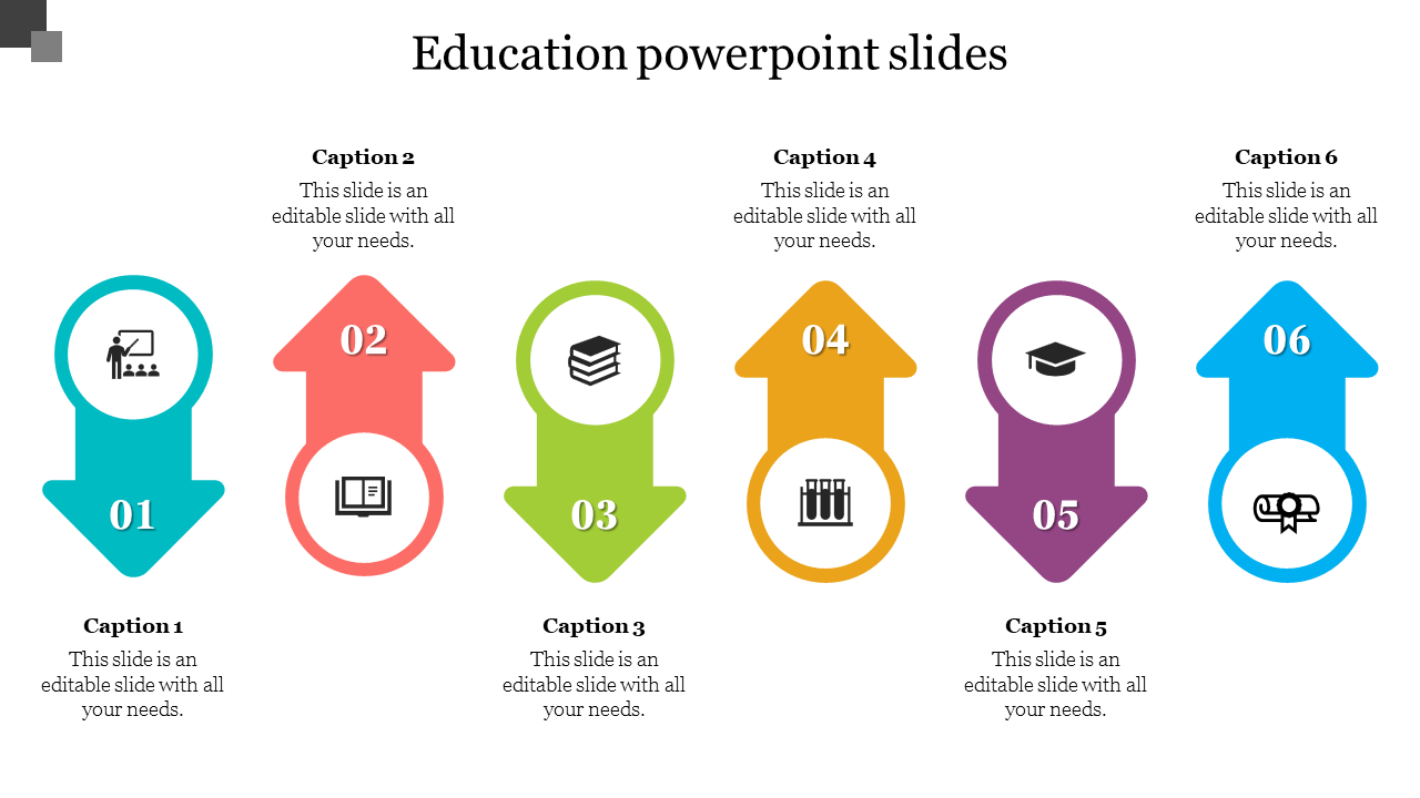 Education-themed presentation slide with six colored ziag zag arrows, featuring icons from a book to beaker.