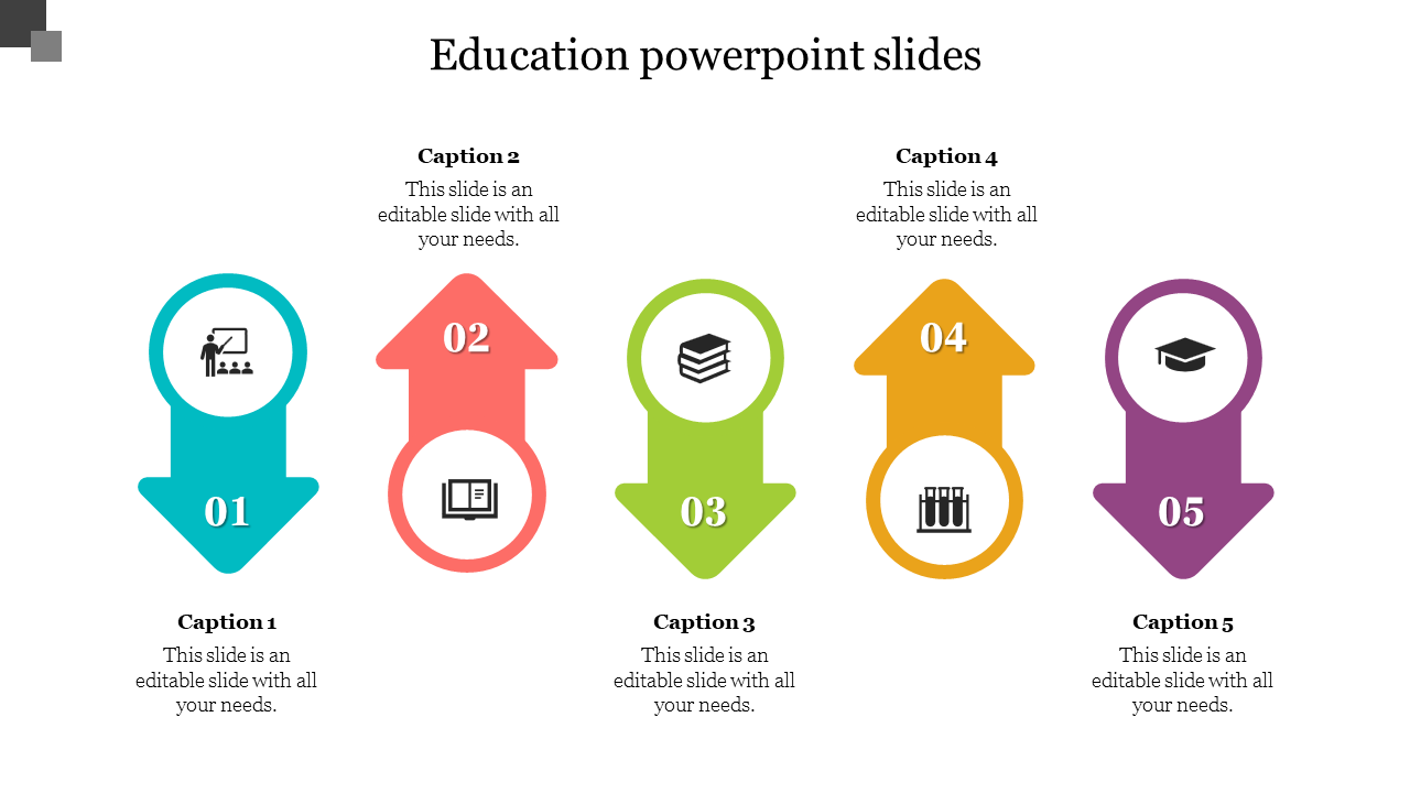 Colorful PPT slide with five arrows pointing up and down, each with an educational icon with captions on a white theme.