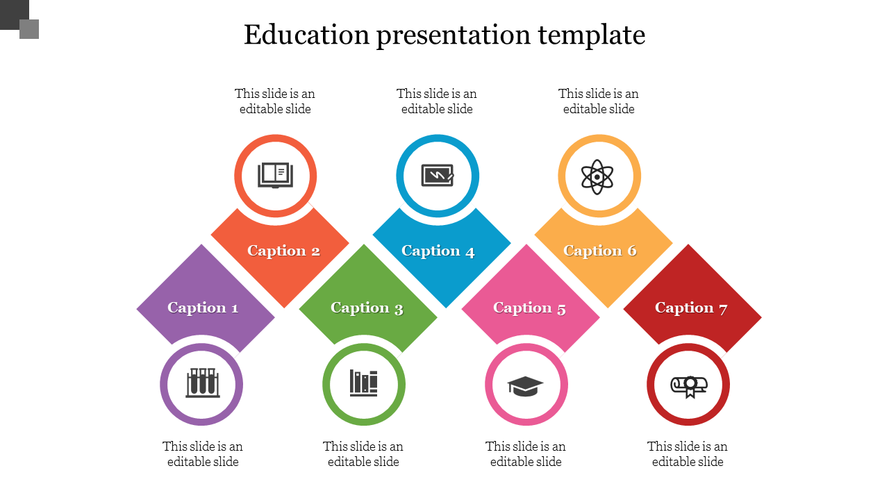 Colorful Education PowerPoint template with seven colored diamond shapes and educational icons with captions.