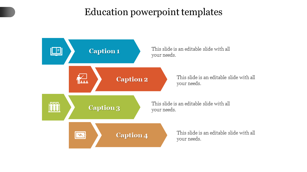 Education-themed template with colored arrow sections featuring icons for learning, teaching, and research.