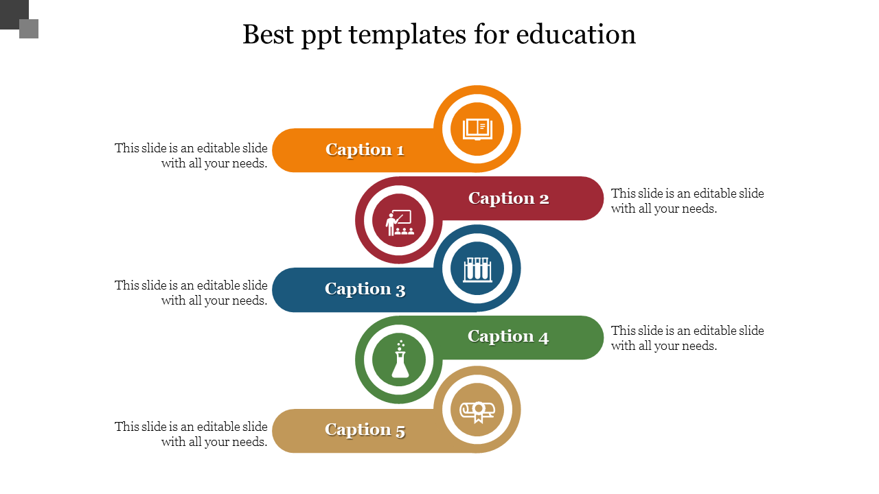 Five horizontally aligned colorful sections with educational icons, each labeled with caption area, arranged vertically.