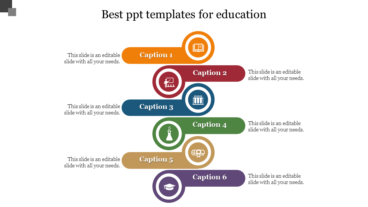 Colorful education template with six levels, each segment containing an icon and caption areas in a white background.