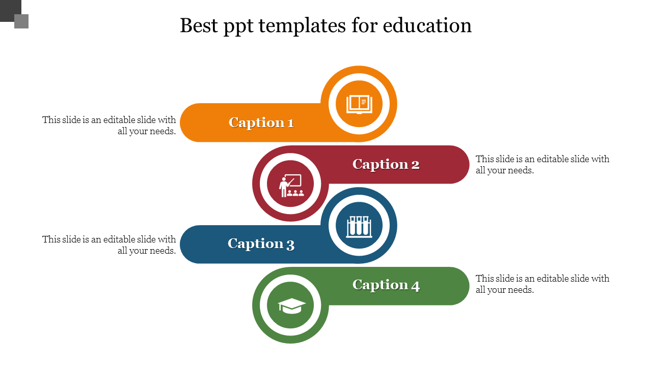 Colorful education themed slide with four labeled sections captioned 1 to 4 with icons and placeholder text.