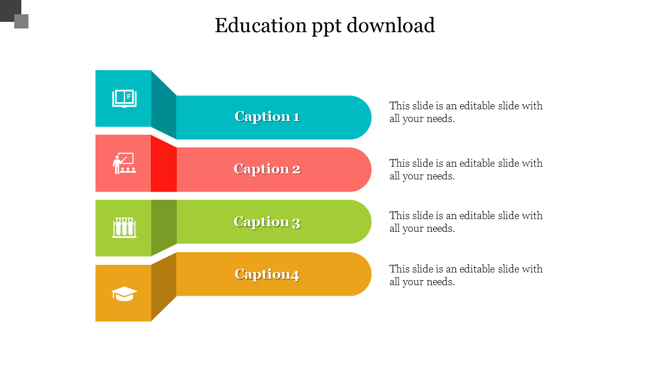 Four horizontal segments in blue, red, green, and yellow, each representing education-related icons.