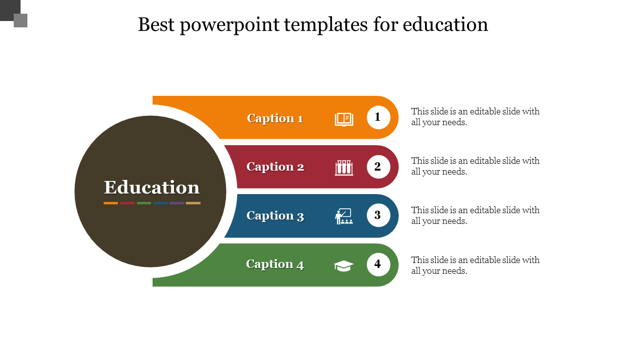 Education slide with colored sections in orange, red, blue, and green, each with number and captions, around a dark circle.