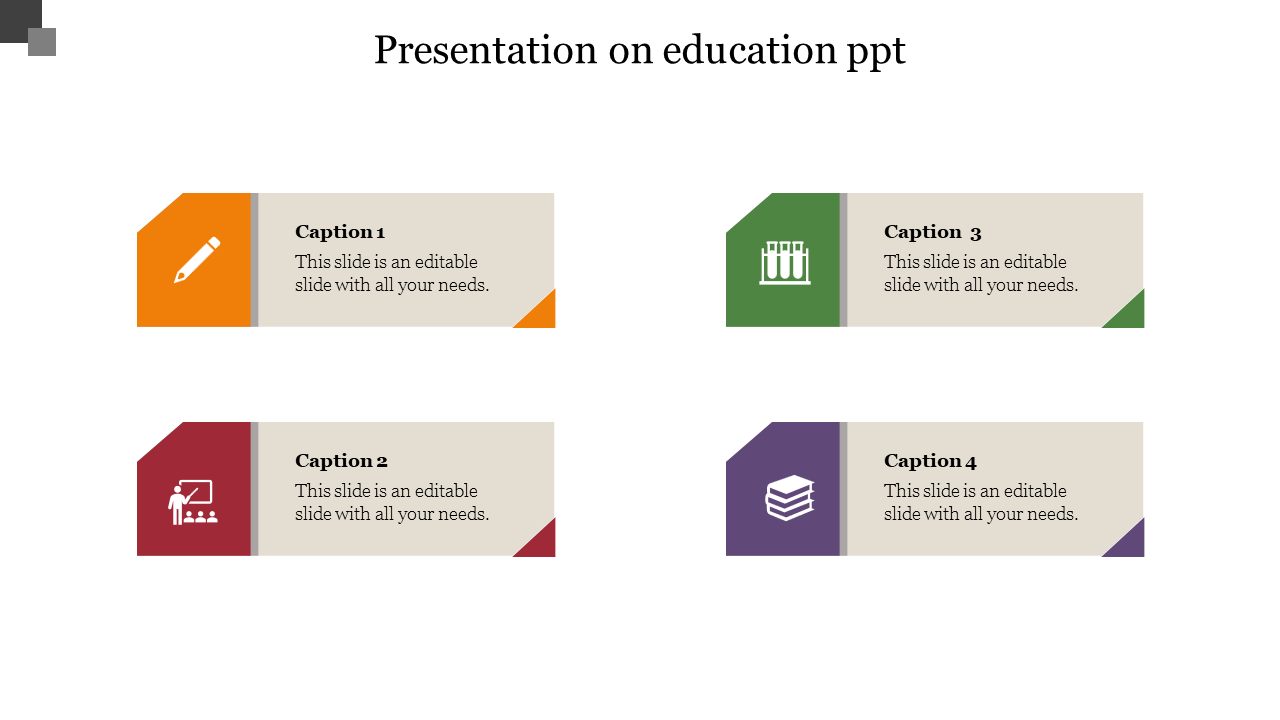 Education themed PowerPoint template with four sections, each marked by an icon and a label.