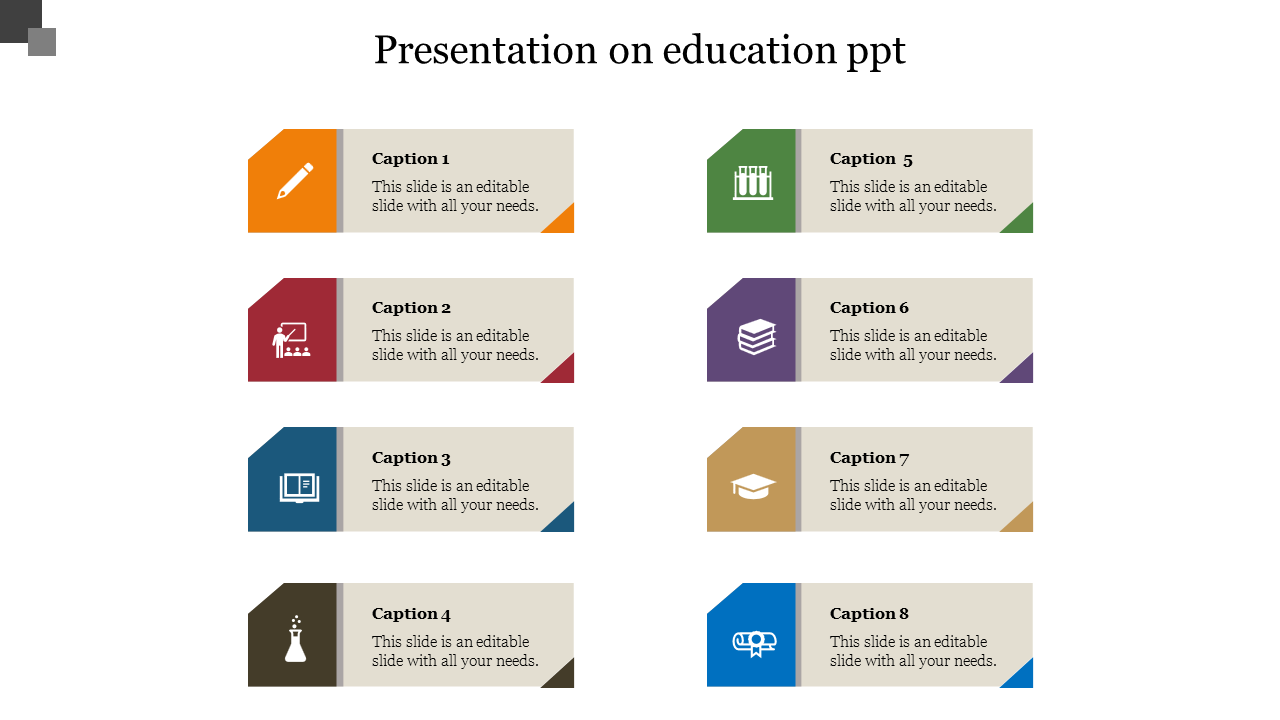 Grid layout with eight beige tiles, each with colorful left edges and icons symbolizing education.