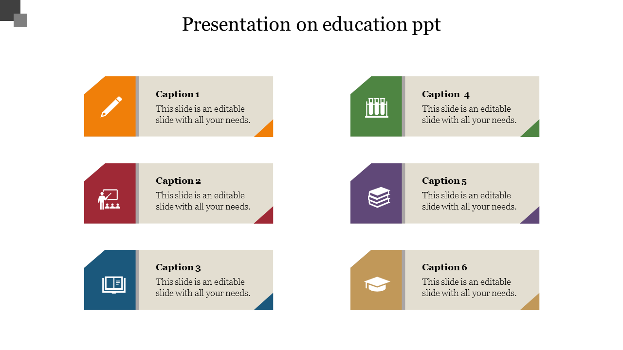 Educational PPT slide featuring six sections with colored icons with captions and placeholder text on a white backdrop.