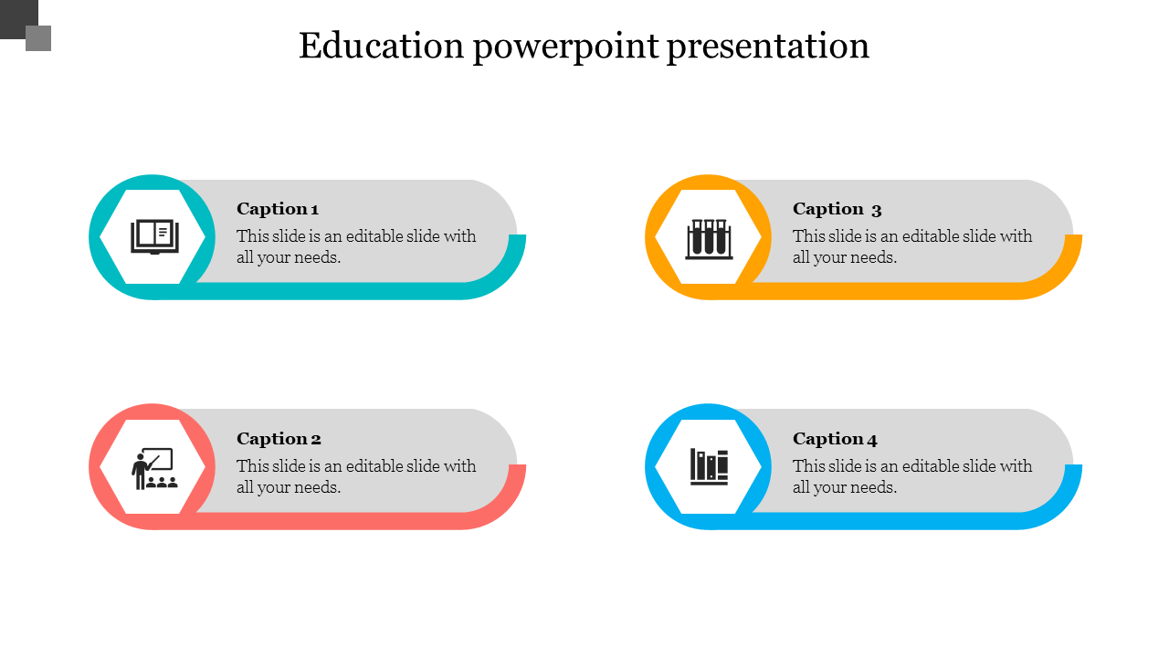 Education PowerPoint presentation slide with four sections, featuring color coded icons with captions and placeholder text.