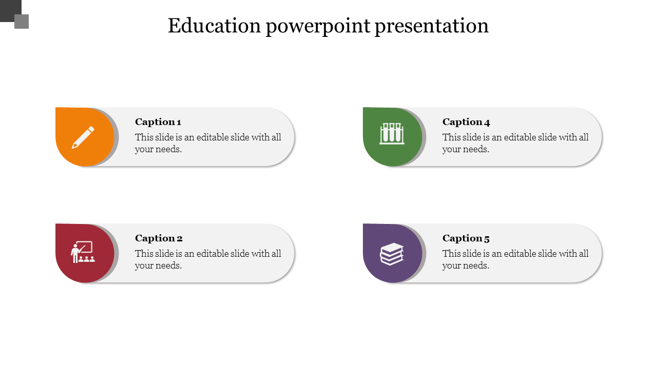 Educational slide featuring four teardrop icons in orange, red, green, and purple, each with a gray caption box.