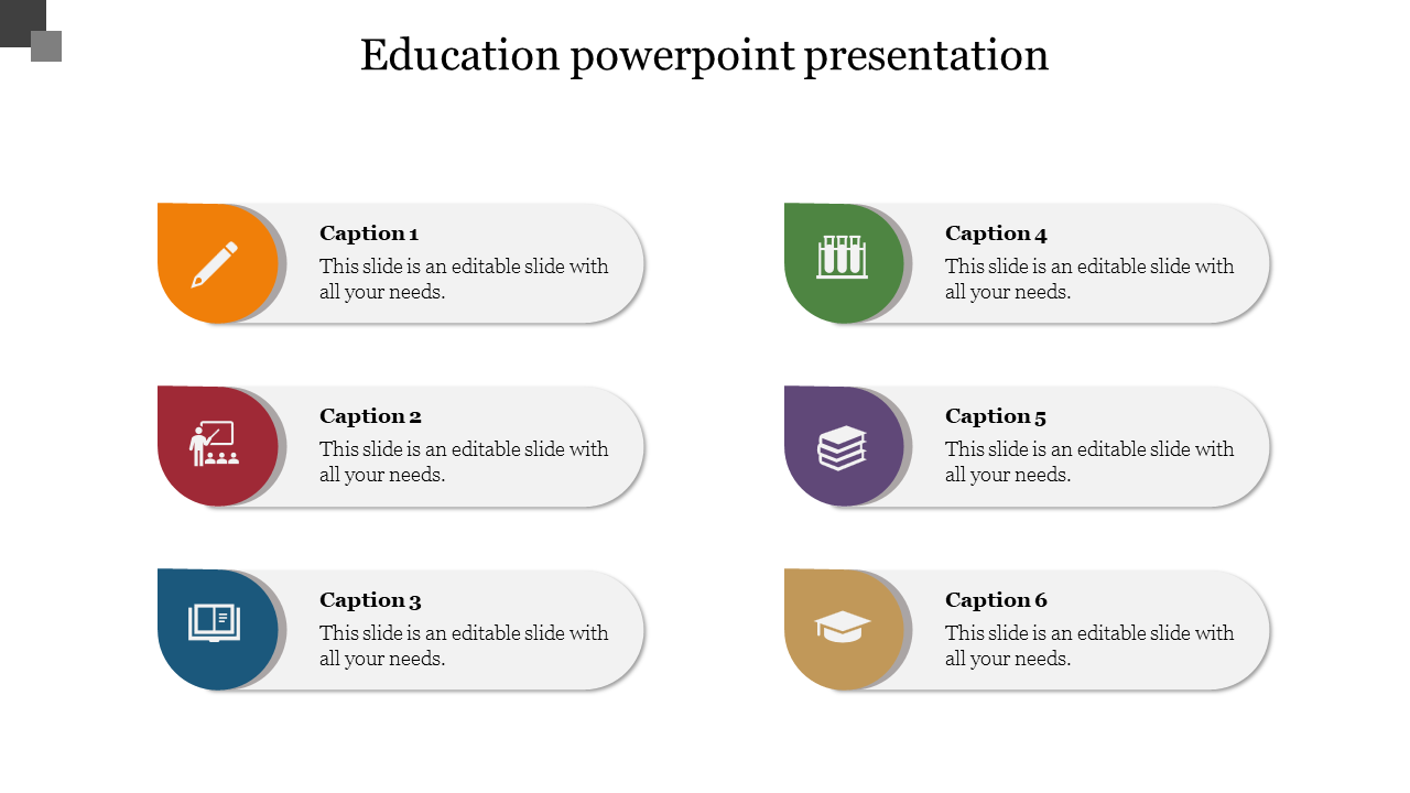 Education PPT template featuring six sections with colorful icons, captions, and placeholder text on a white backdrop.