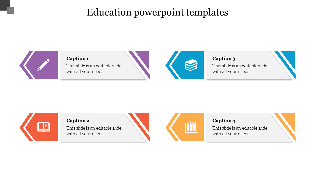 Education PowerPoint template with four arrows and color coded icons with captions and placeholder text on a white theme.