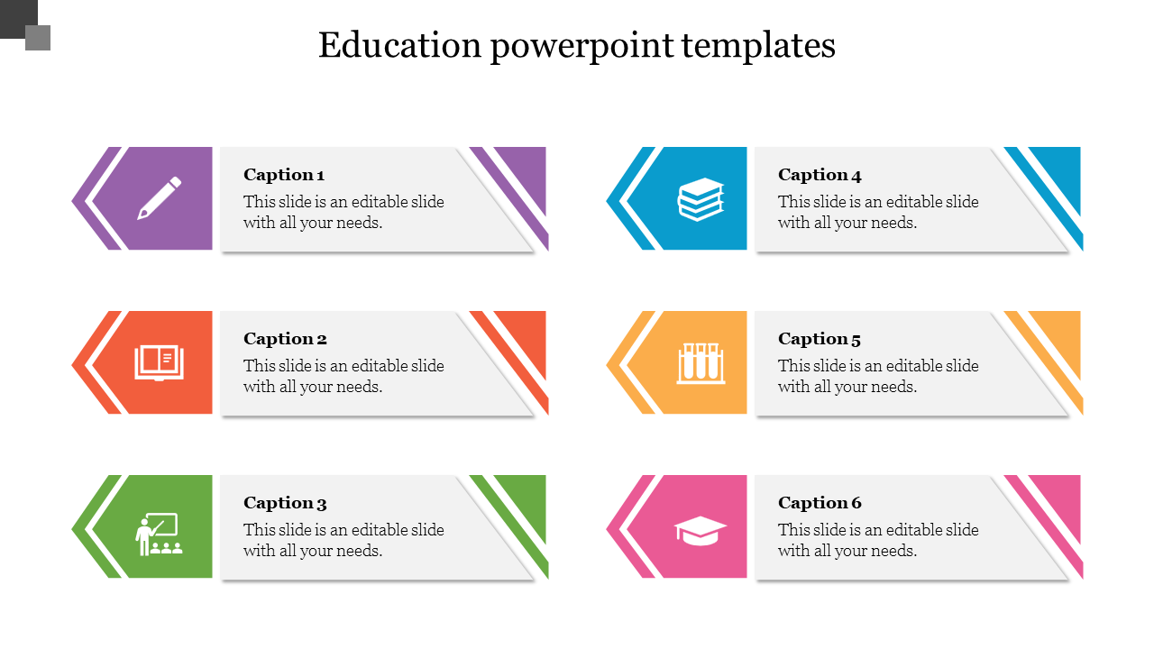 Education-themed slide displaying six rectangular sections with distinct colors and icons, each paired with a caption area.