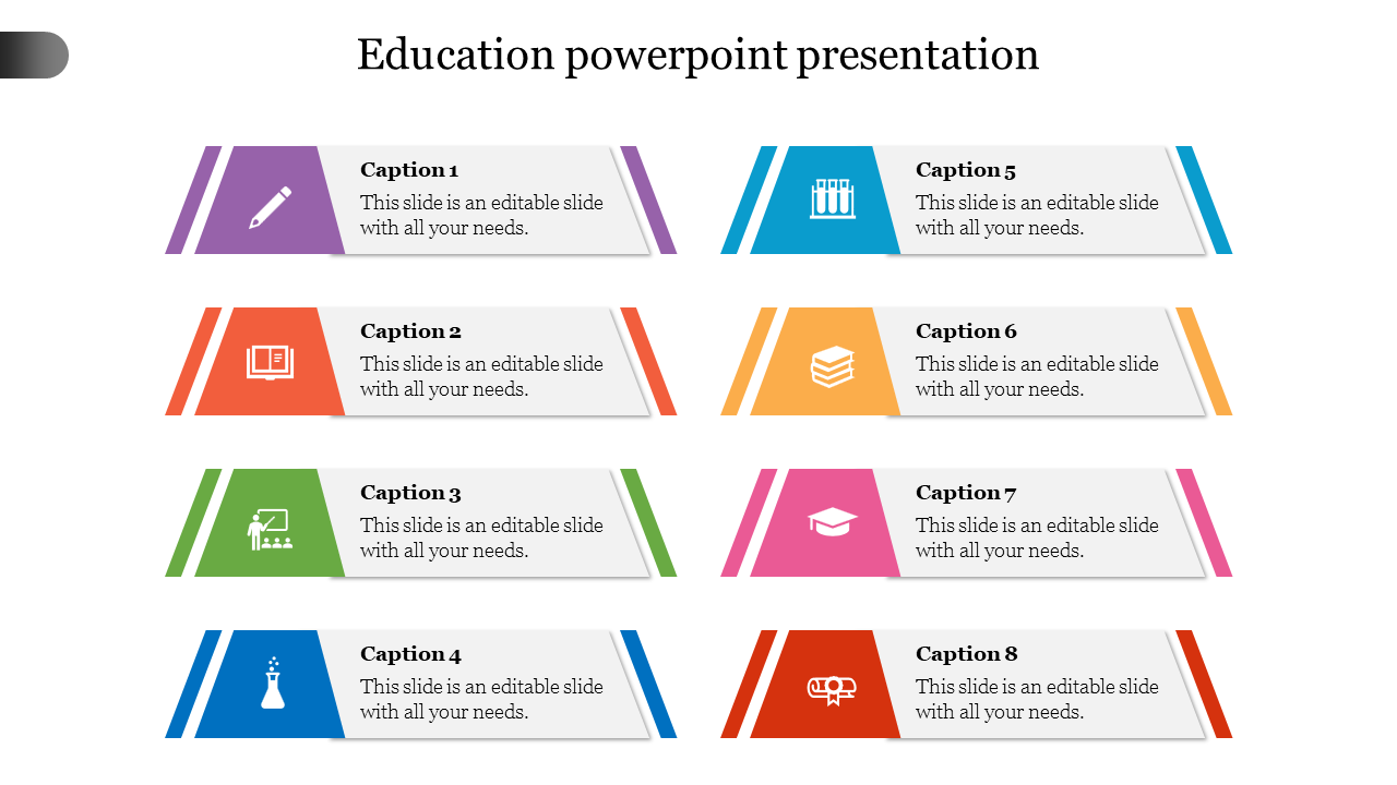 Education slide with eight triangular blocks, each in vibrant colors and containing an icon and caption.