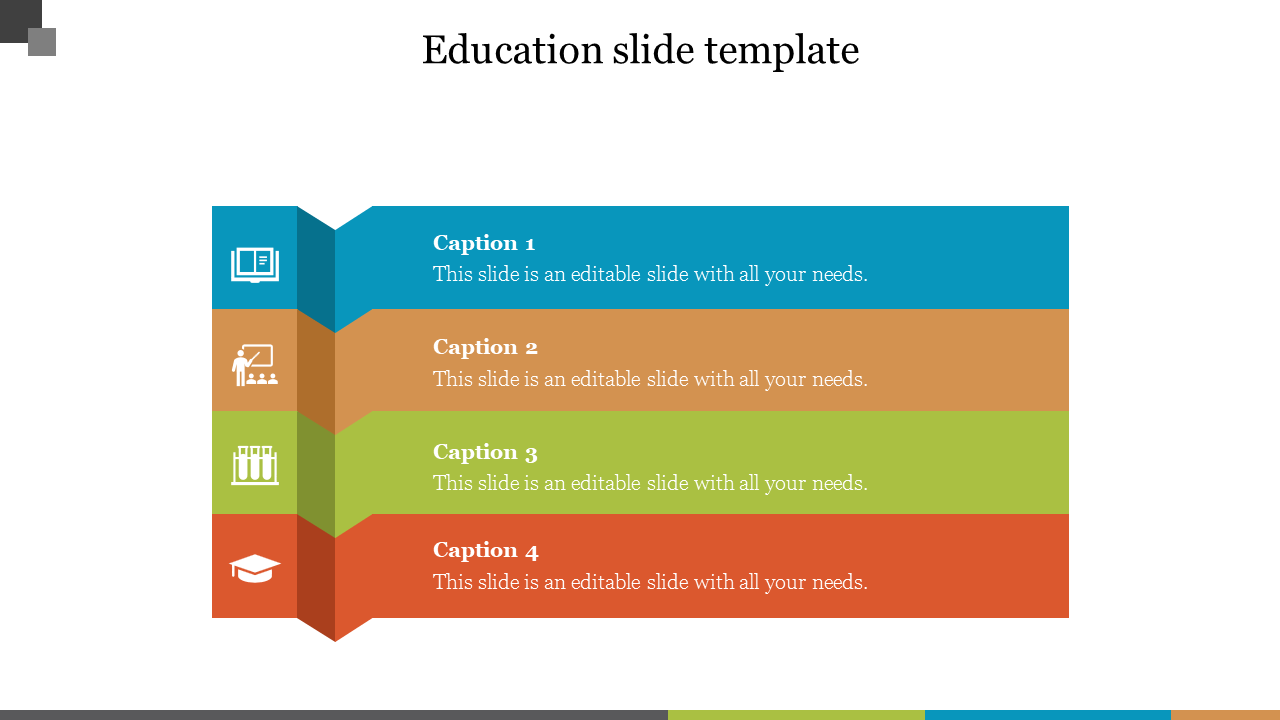 Education PPT slide featuring four colorful sections with text areas, each with icons on a white backdrop.