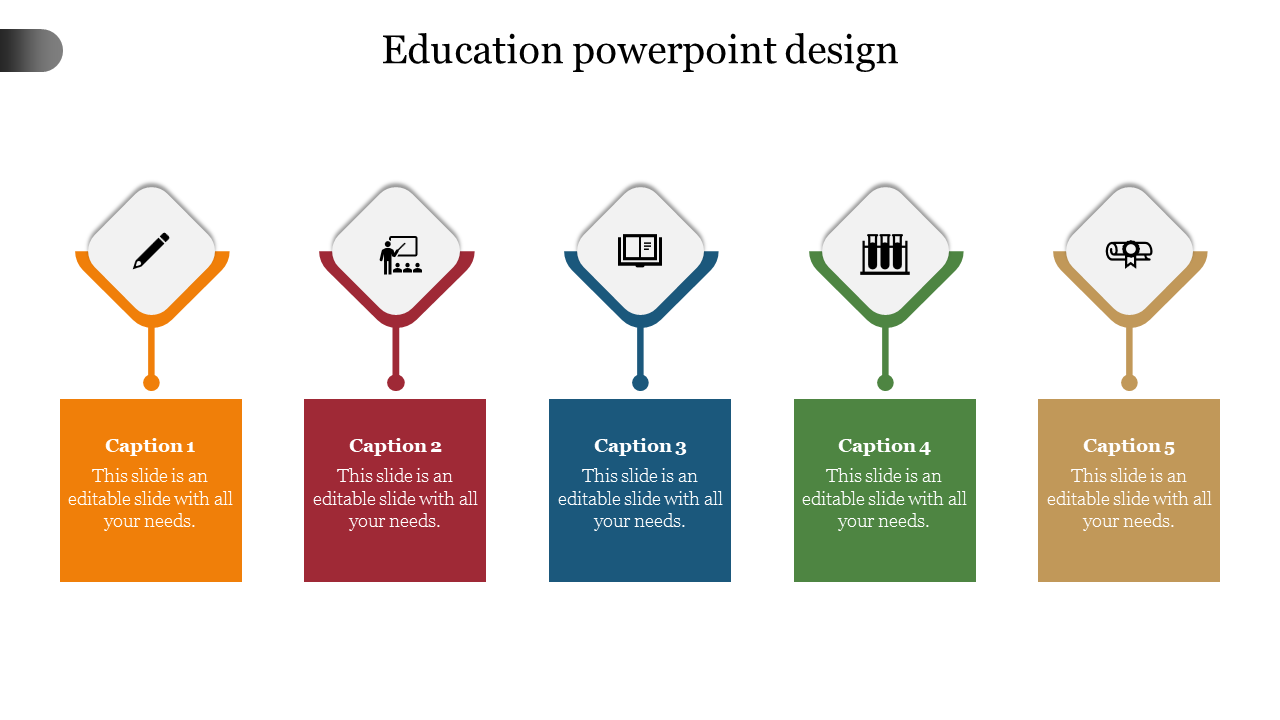 Education slide with five diamond shaped icons in orange, red, blue, green, and yellow, each with matching caption box below.