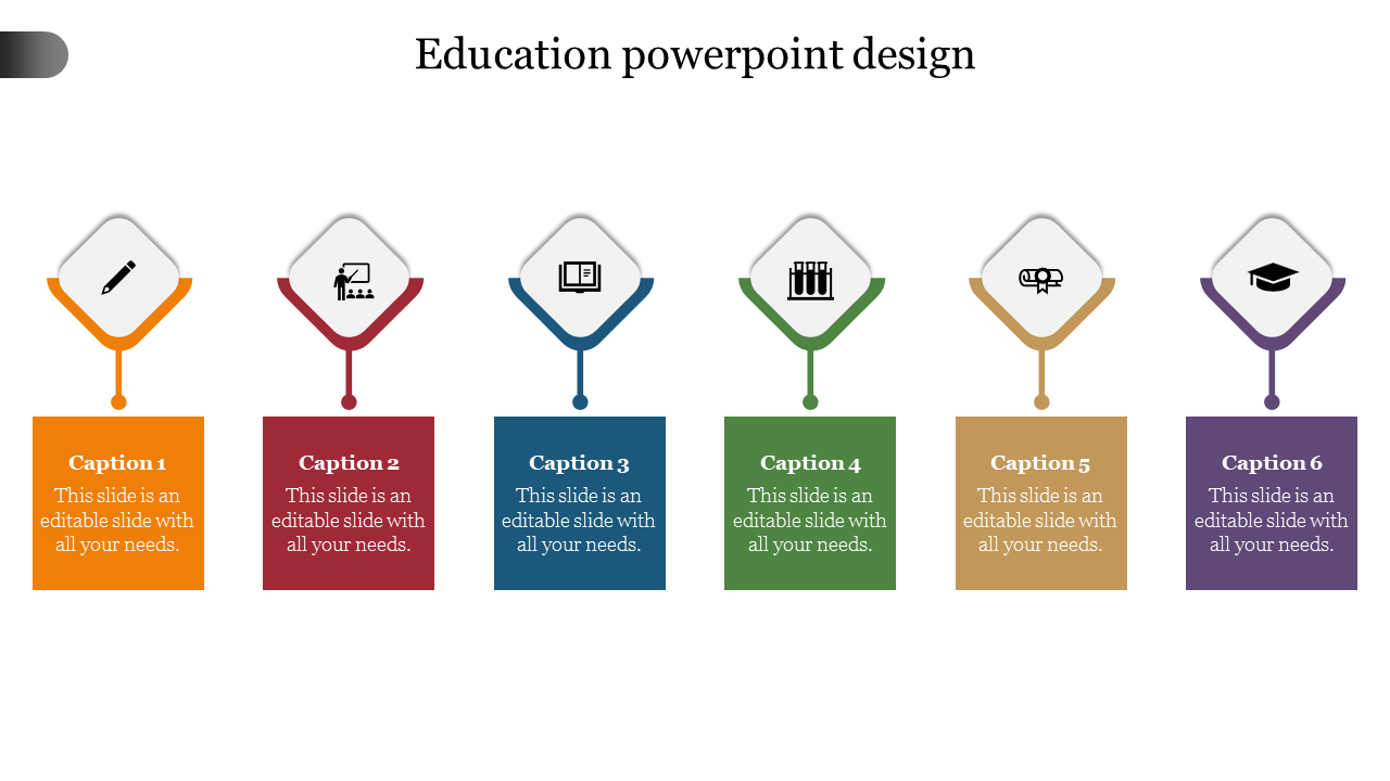 Education themed PPT slide design featuring six icons in different colors, each labeled with captions on a white theme.