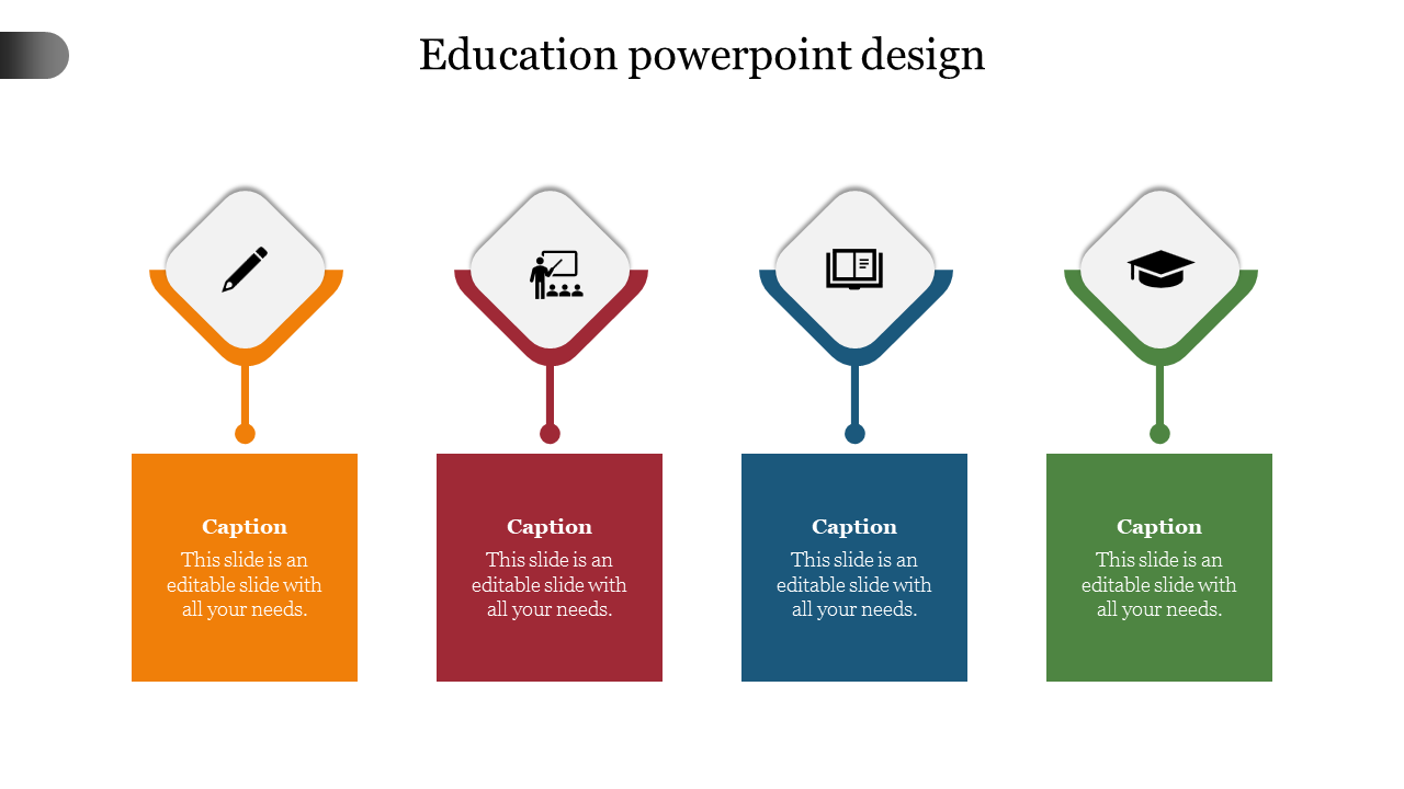 Education PowerPoint design slide with four colored sections, featuring icons with captions on a white backdrop.