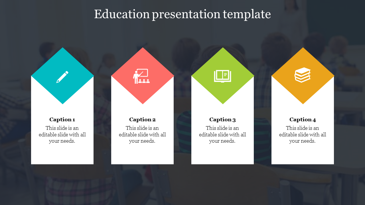 Education PowerPoint slide with four colorful sections representing different icons with captions.