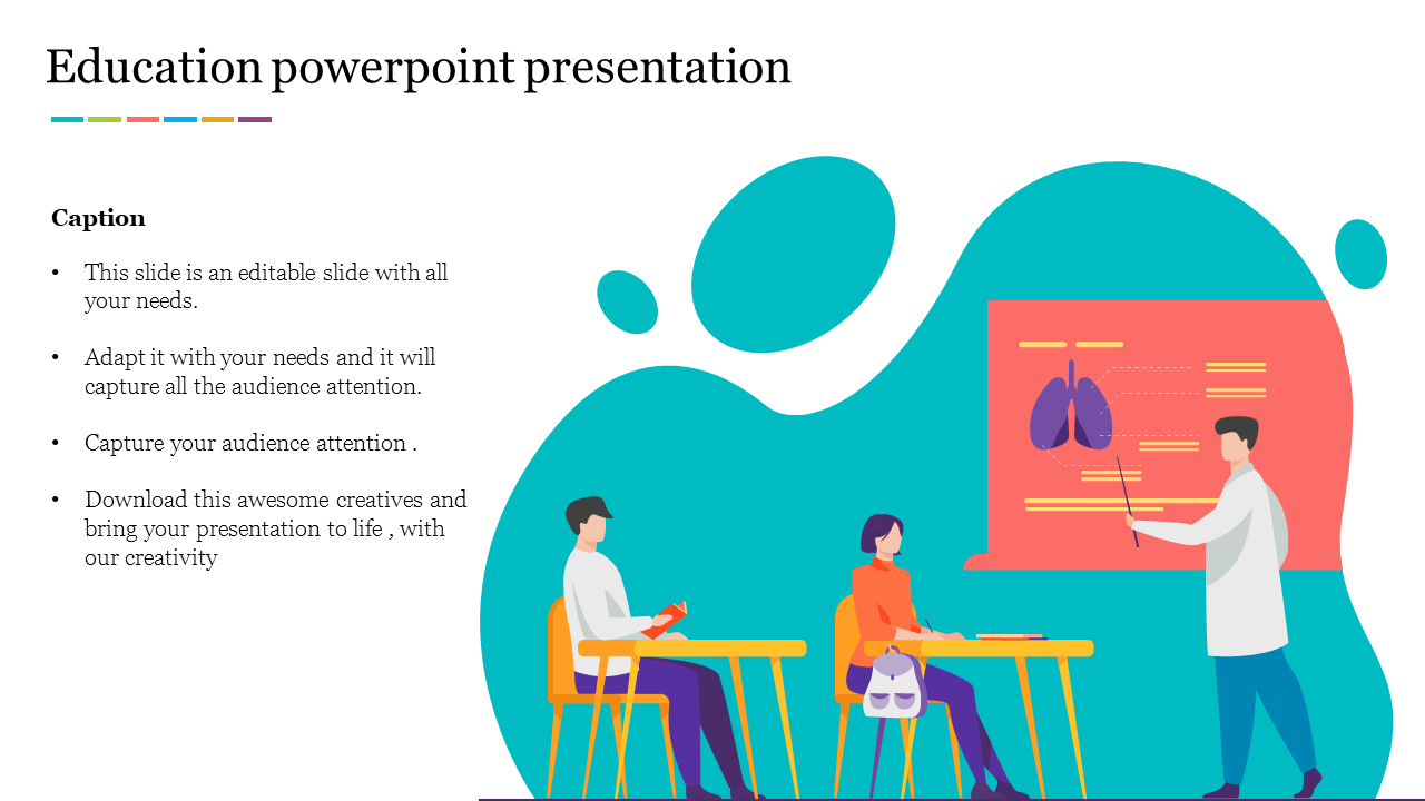 Educational slide showing a teacher pointing to a lung diagram on a red poster, set on a teal curved backdrop.