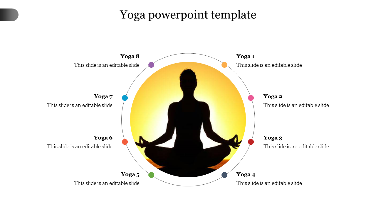 Circular layout featuring a meditating silhouette in the center, srrounded by eight colored dots with labels.